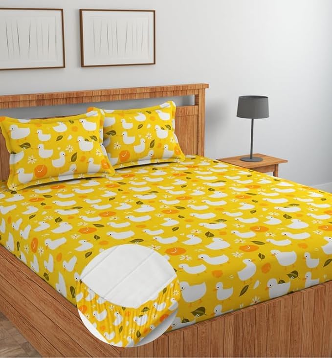 Image of RD FABS Glace Cotton Wrinkle Free Soft Hypoallergenic Elastic Fitted Cartoon Printed Bedsheets for Kids with 2 Pillow(Size,78 x 72 Inches(Fits up to 8 Inch),Yellow Duck),Double Bed,300 TC