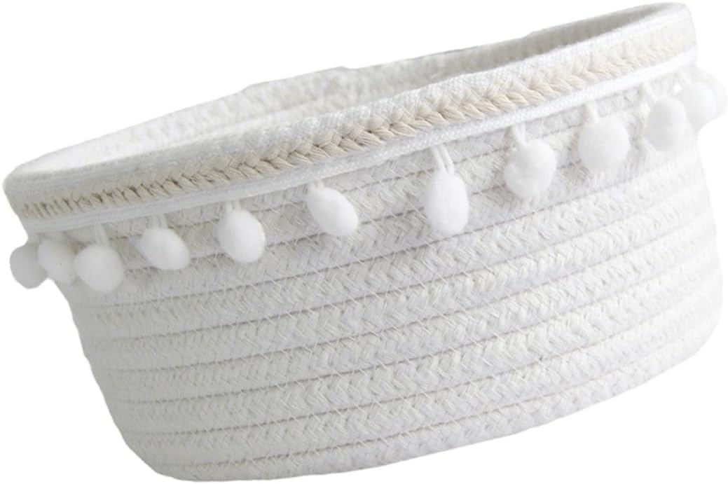 Generic Cotton Rope Storage Basket Desktop Organizer for Sundries Hair Bulb and Accessories Stylish White Ribbon Design Home Organizer Basket