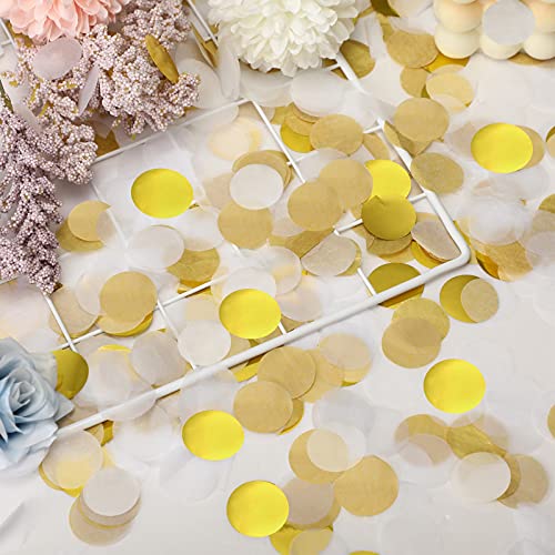Image of TecUnite White Gold Confetti Round Tissue Paper Table Confetti Dots for Wedding Birthday Party Decoration Arts Craft DIY Scrapbooking, 1.76 oz (2.5 cm)