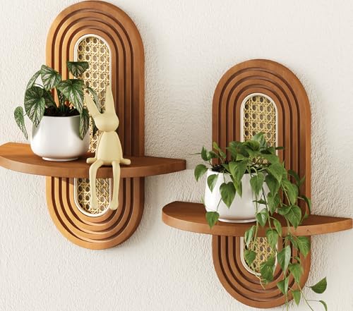Hongsane Floating Shelves for Wall, Boho Rattan Plant Shelf Set of 2, Mid Century Small Decorative Shelf Wall-Mounted, Natural Wood Shelves for Living Room,Bedroom,Nursey Room (Walnut)