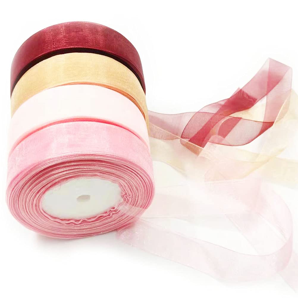 4 Rolls Sheer Chiffon Ribbon Organza Satin Ribbon for Wedding Gift Bouquets Wrapping Decorations, 49 YardsRoll