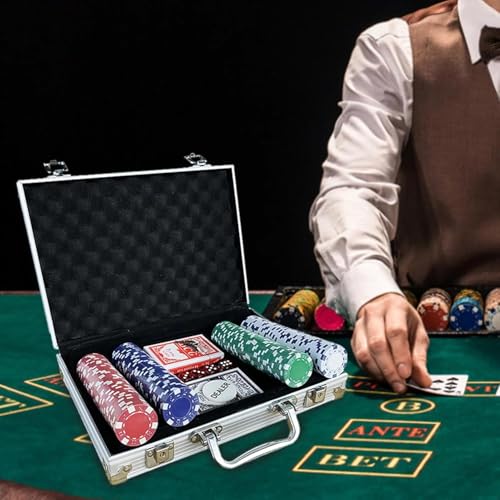 Image of GrandGlow Casino Style 200 Chips /Pcs Poker Chips Set with A Aluminum Finish Case, 2 Decks of Cards, 5 Dice, 1 Dealer Button (Classic Multiplayer Game)