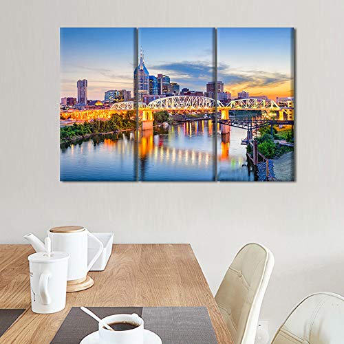 3 Panels Wall Art Canvas Print Tennessee Skyline Night Cityscape Usa City Canvas Print American Horizon Nightscapes Art Painting Nashville At Dusk Picture For Living Room Ready To Hang - 60"Wx40"H #TOP2