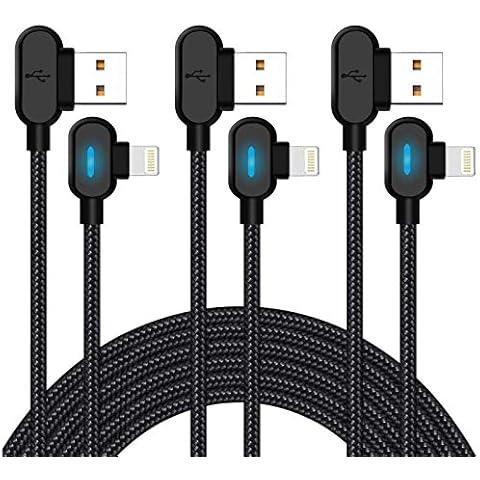 Quickeep 90 Degree iPhone Charger 3 Pack 10ft Right Angle Lighning Cable with Blue LED Light Fast Charging Cable Nylon Braided Cord Compatible with iPhone 12 11 Xs MAX XR X 8 7 6s Plus (Black) Cover