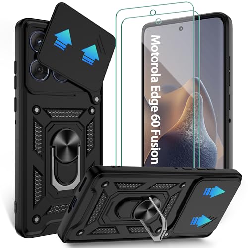 Jshru Hülle für Motorola Moto Edge 60 Fusion/Edge 60/ Edge 60S Handyhülle Slide Kameraschutz mit 2 STK Schutzfolie Militärqualität Stoßfest Schutzhülle 360 Ring Ständer Case Schwarz