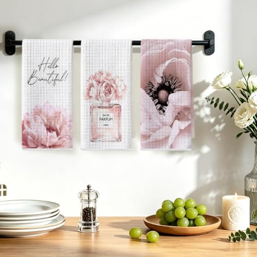 Image of 3 Pcs Pink Hand Towels, Perfume Flower Decor Reusable Dish Towels | Fashion Gifts for Women Girls Mom Friend, Waffle Weave Microfiber Towels for Bathroom Home Decor 24x14 Inch