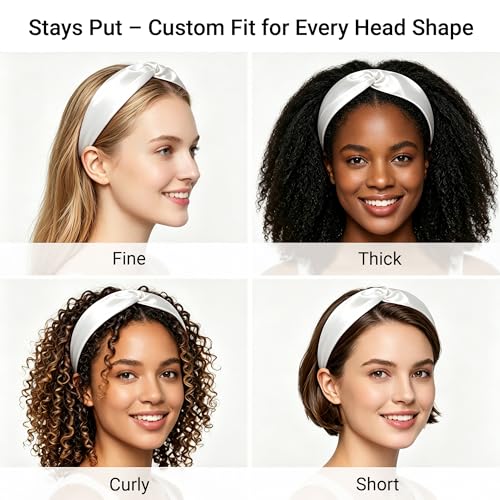 Image of ZLYC Mulberry Silk Headband for Women's Hair Elastic Hairband, Solid White | smooth luxury real silk, stretch elastic no slip fit, makeup spa skincare use, travel daily wear,boho fashion hair accessory