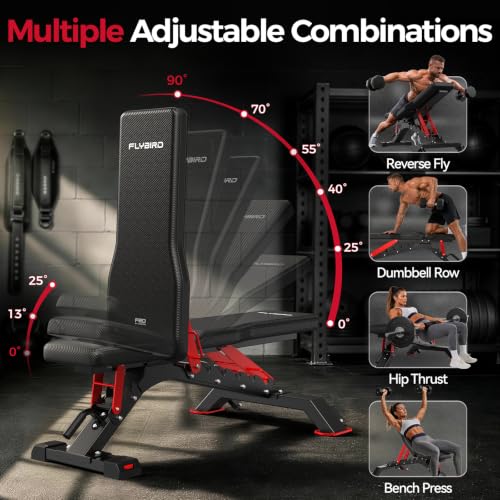 Image of FLYBIRD WB7 Weight Bench, 1300LBS Commercial Adjustable Weight Bench, Workout Bench for Home Gym, Flat Incline Bench Press Heavy Duty Bench with 34'' Extra-Long Backrest and Easy-Roll Wheels