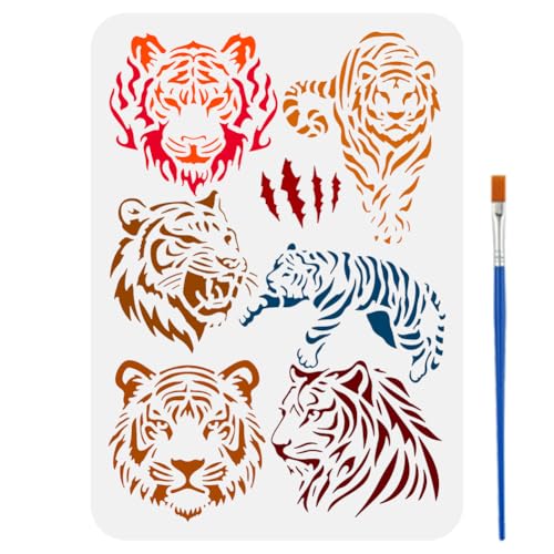 FINGERINSPIRE Pochoir à motif tigre avec un pinceau 21 x 29,7 cm pochoir tête de tigre flamboyant chasse tigre peinture pochoir silhouette tigre saut...