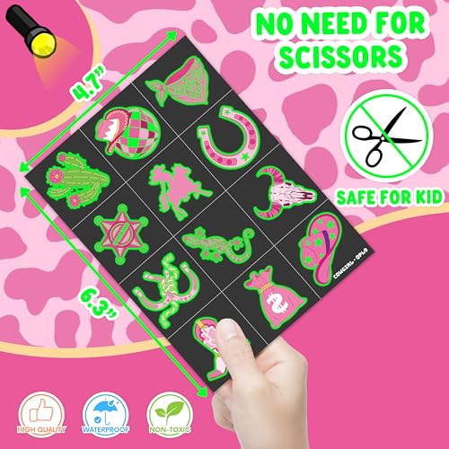 Image of 96 PCS Cowgirl Pre-Cut Luminous Glow in the dark Temporary Tattoos for Kids | Super Cute Themed Birthday Party Favors Supplies Decorations, Pink Disco Western Fake Tattoo Stickers Gifts for Boys Girls