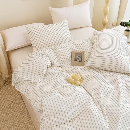Image of ECOCOTT Stripe Duvet Cover King Size, 100% Washed Cotton Linen Feel Pinstripe Bedding Set - 3pcs Soft Breathable Vertical Striped Comforter Cover with White and Grey Stripes