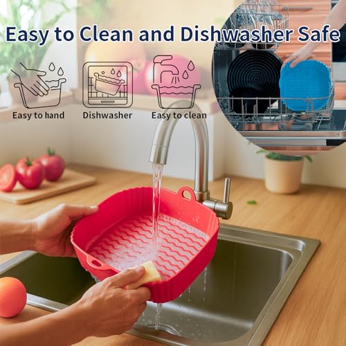 9 Inch Large Air Fryer Silicone Liners - 2 PCS Square Reusable AirFryer Basket Liners for 5-8QT Air fryer, Air fryer Accessories for Baking Roasting Microwave (Red + Blue)