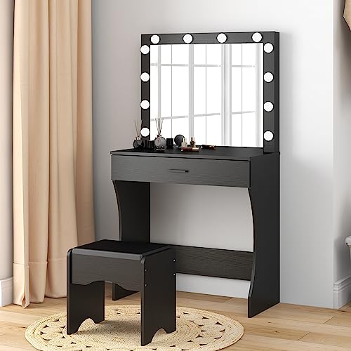 Image of Panana Vanity Desk with Mirror and Lights, Black, Medium Size, Tabletop Mount, Makeup Vanity Table with Stool, Bedroom