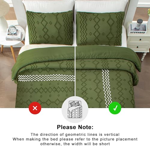 Image of Andency Olive Green Tufted Comforter Set King(104x90Inch), 3 Pieces Boho Textured Farmhouse Bed, Soft Down Alternative Geometric Bed Set with 2 Pillowcases