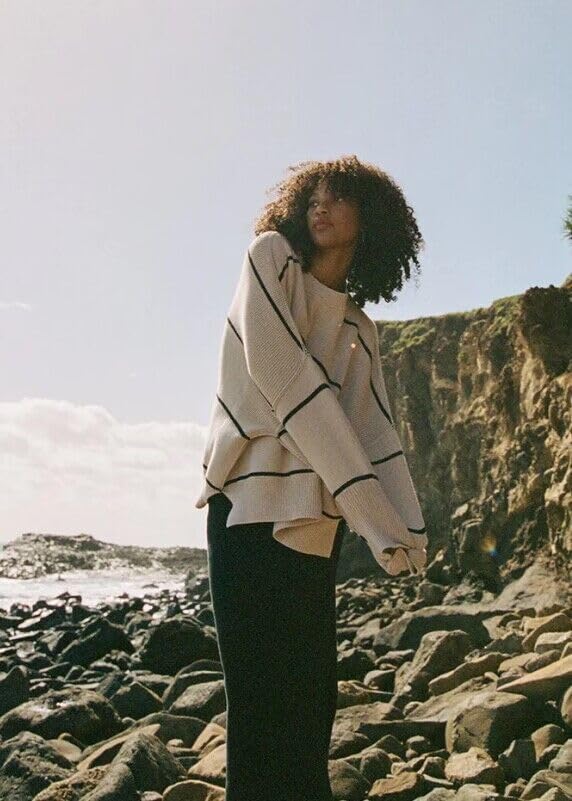 Women's Oversized Crewneck Sweaters Batwing Long Sleeve Side Slit Ribbed Knit Pullover Sweater Tops - Image 3