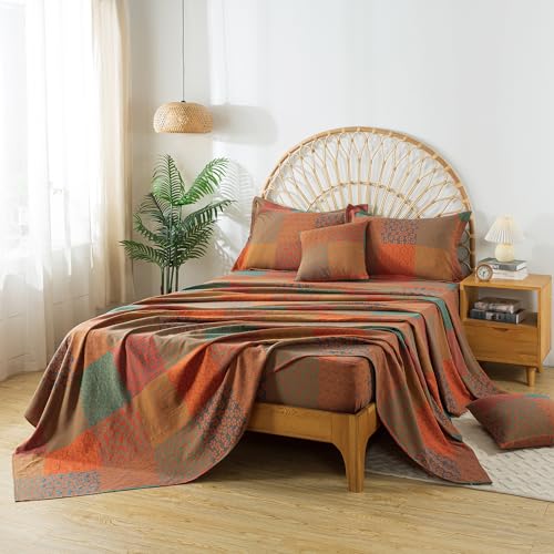 Image of FADFAY Grid Sheets Set King Vintage Checkered Floral Bedding Shabby Geometry Farmhouse Bedding Super Soft Washed Double -Layer Muslin Sheets 100% Cotton Deep Pocket Fitted Sheet 4Pcs, King Size