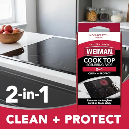 Image of Weiman 3 Count Cooktop Scrubbing Pads, Removes Burnt-on Food, Scratch Free | Non-Abrasive for Burnt-On Food & Grease, Safe for Ceramic, Electirc, Gas & Induction Cooktop, Sink, Showers, Dishes & Tub
