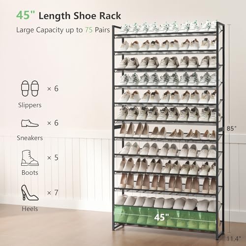 Image of Nunsino Shoe Rack, Long Shoe Organizer,Max Holds 75 Pairs,12 Tier Metal Shoe Storage Shelf,6-Tier Stackable Shoes Organizer for Garage, Entryway,Black