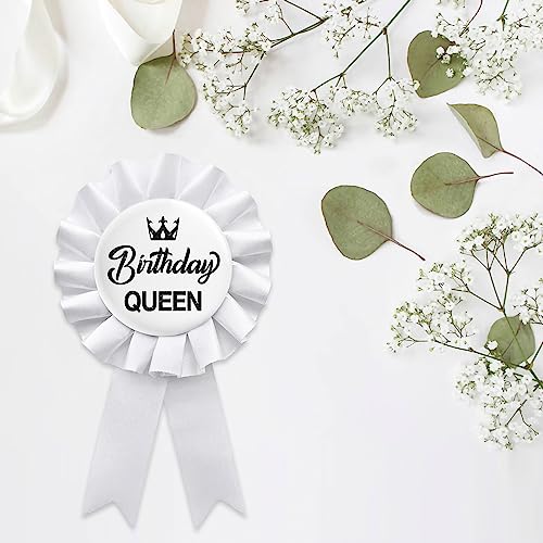 Birthday Queen Tinplate Badge Pin, Happy Birthday Rosette Button Pin Girl or Women White Award Ribbon Party Decorations Sign3