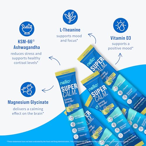 Image of Nello Supercalm Powdered Drink Mix, Cortisol Reducer* and Sleep Aid Supplement, L Theanine, Ksm-66 Ashwagandha, Magnesium Glycinate, Vitamin D 3, No Sugar, Non GMO, On The Go, 20 Ct, Pineapple Mint