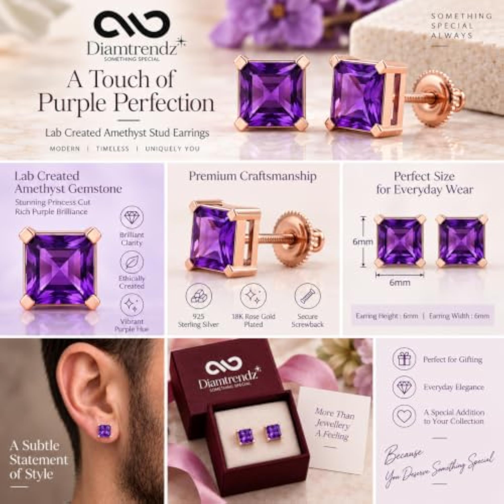 Men's Rose Gold Plated 925 Sterling Silver Square Gemstone Stud Earring