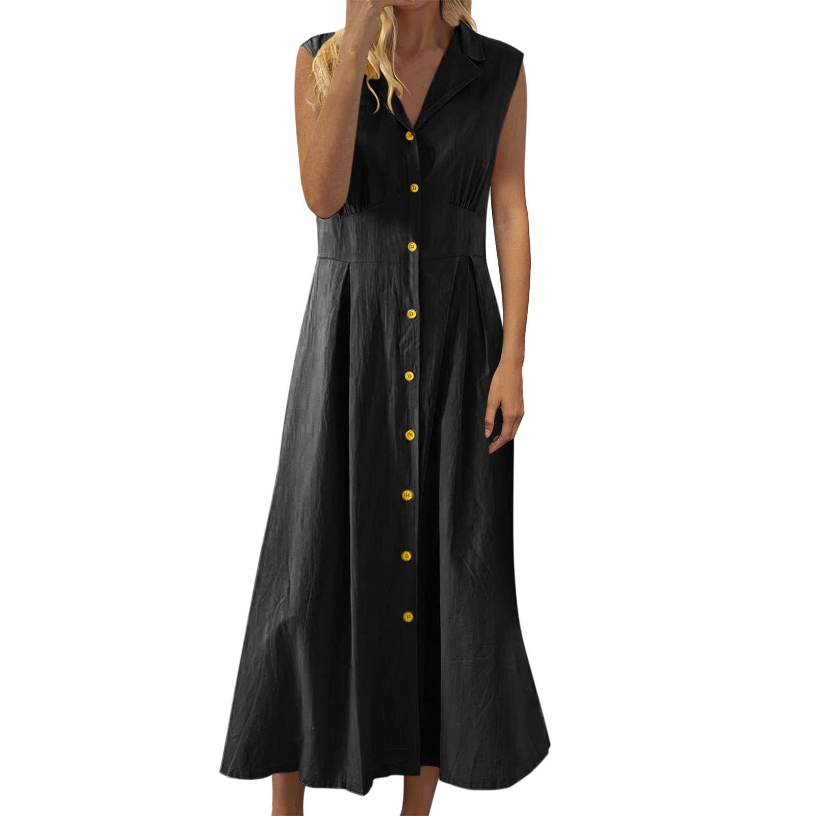LOIJMK Vestido camisero para mujer - algodón y lino, vestido de botones funky maxi vestidos para mujer, vestido vintage de líneas A, sin mangas, vestido de verano para mujer, vestido de verano midi con