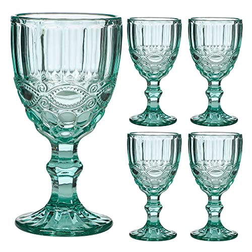 Dibor Wine Glass Set of 4 Turquoise Baroque Embossed 300ml Drink Goblets Alfresco Dining Glassware