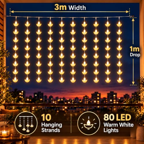 Image of One94Store Diya Curtain Fairy Lights, 80 LED Warm White, 3m x 1m, 10 Hanging Strands, 8 Modes, AC Plug Decorative Lights for Home, Balcony, Pooja Room, Diwali & Festive Decor