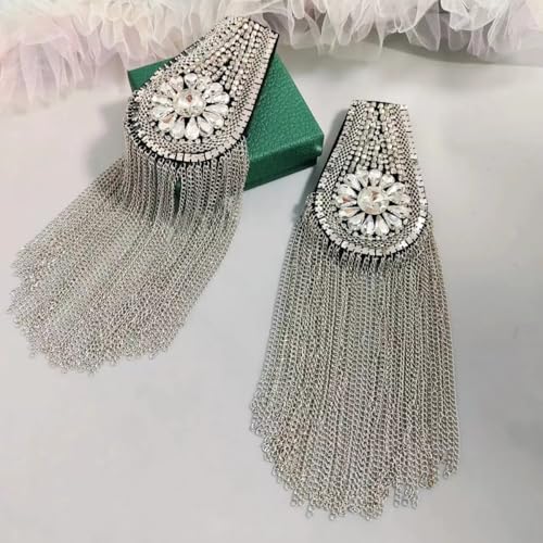 Image of Fashion rhinestone metal tassel epaulettes stage catwalk clothes accessories shoulder pad badge suit outer dress epaulettes DIY clothing accessories pins for men and women (one pair)