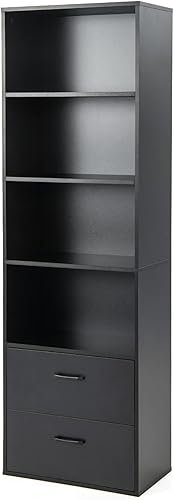 Miniatura 9 de Estantería de 4 estantes con cajones, estanterías altas y estanterías, torre vertical, estantes de almacenamiento de madera, estante moderno para