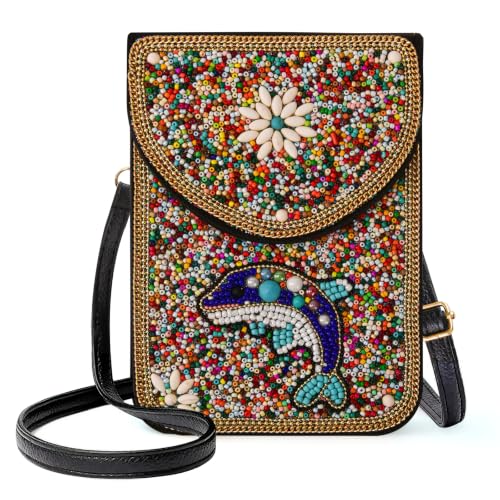 Image of Small Beaded Crossbody Bag for Women, Boho Cell Phone Shoulder Purse Wallet with Handcrafted Colorful Beads
