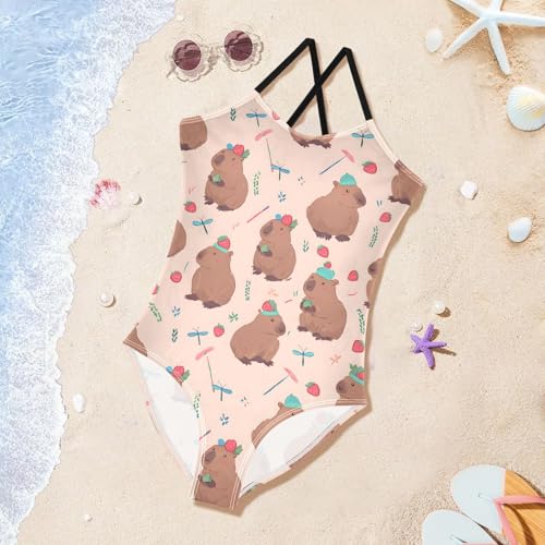 Capybara Strawberry Girls One Piece Swimsuits Summer Quick Dry Beach Bathing Suit3