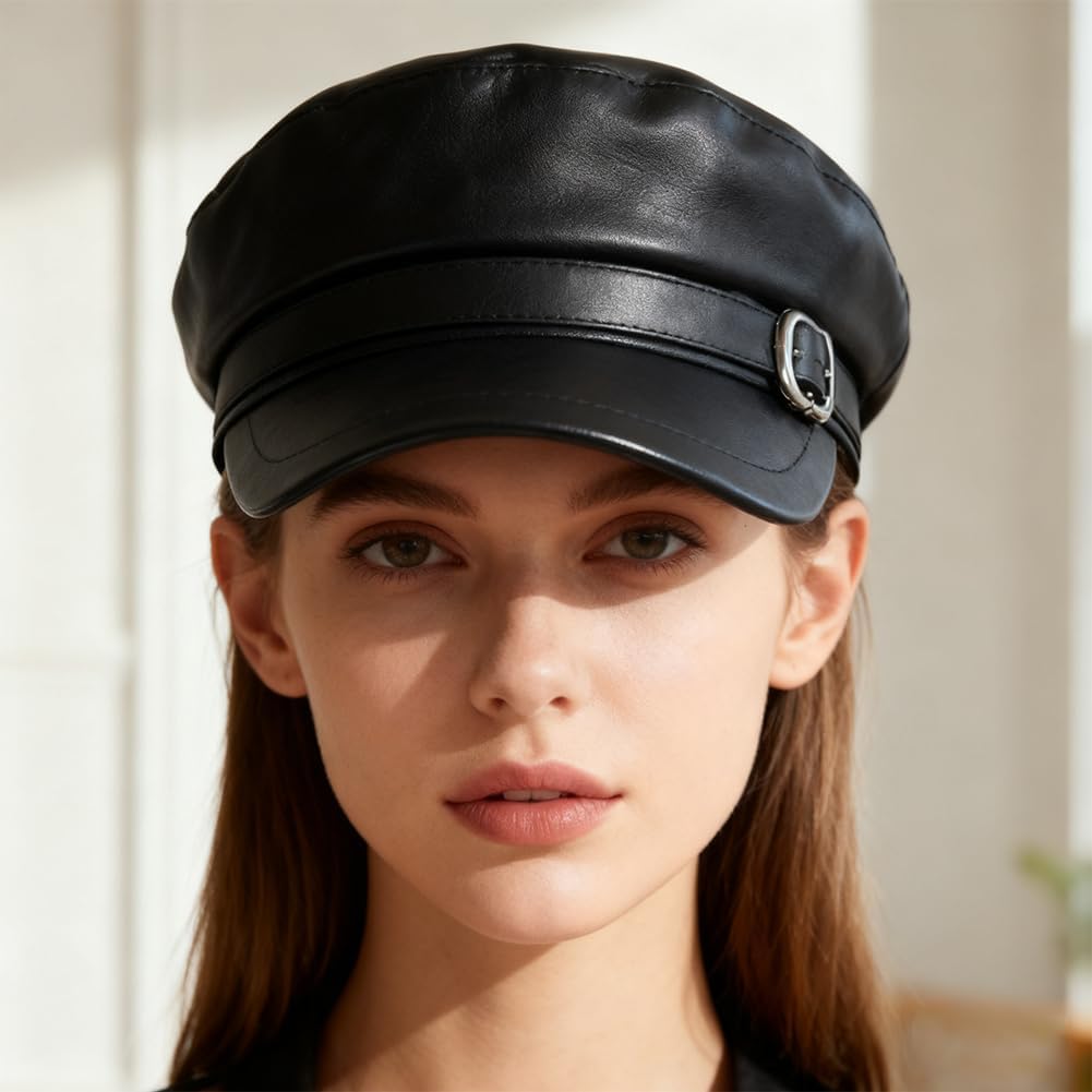 Women's PU Leather Flat Top Newsboy Cap Vintage Visor Beret Painter Bakerboy Cap Cabbie Hat - Image 3