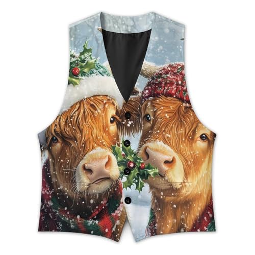 Highland Cows Christmas Snowy Scene Casual Suit Vest for Men Formal Business Dress Regular Fit Waistcoat Tuxedo2