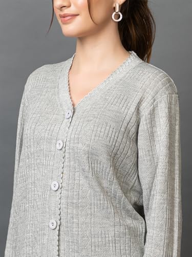 Image of Wear lusso Women's Woolen V-Neck Buttoned Full Sleeve Cardigan Self Design Soft Wool Fabric Winter Wear Pure Wool Sweater with Pockets Stylish Outdoor and Office Wear Girls