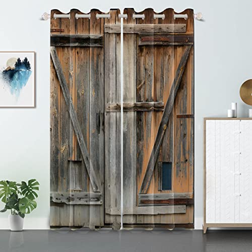 DORCEV Old Grey Wood Barn Door Window Curtains American Rustic Garage Door Curtains Vintage Wooden Door Window Drapes Wood Planks Rural Style Native Farmhouse Bedroom Treatment,26x84 inch,2 Panels
