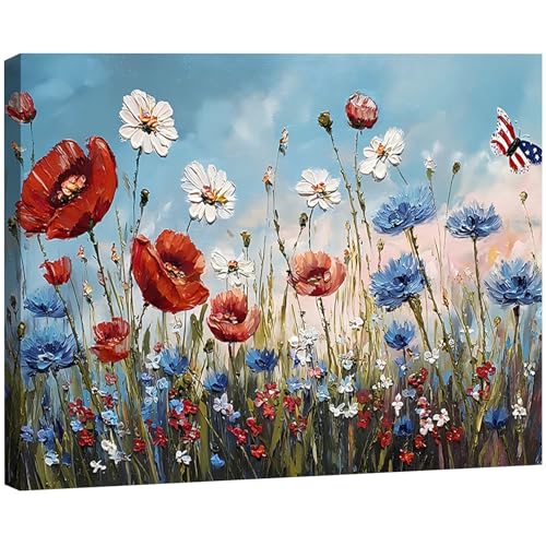 Image of Patriotic Red White Blue Wildflower Wall Art, 4th of July Floral Canvas Prints, Framed Independence Day Wall Decor, American Flag Butterfly Artwork for Bedroom Office, Made in USA