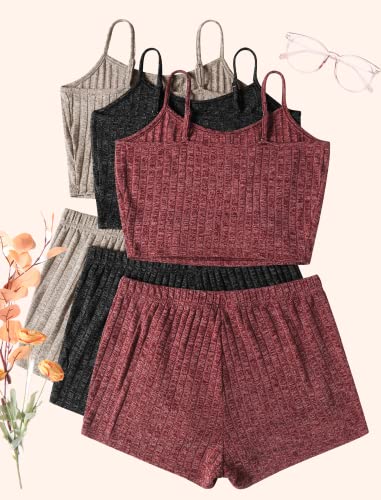 Ekouaer 3 Sets for Women Ribbed Pajamas Crop Cami Top and Shorts Pjs Casual Sleeveless Button Lounge Set Sleepwear3