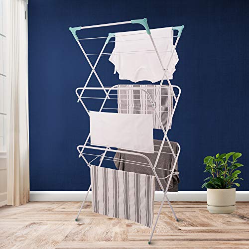 Straame 3 Tier Clothes Airer, Clothes Rack Drying Indoor and Outdoor Laundry Rack with Non Slip Feet and Corner Spaces for Hangers, Flat Foldable for Space Saving, 63 x 46 x 138 (White) - Image 7