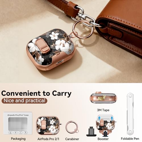 Image of for AirPods Pro 2nd /1st Case (2023-2019)-Black Gold Flower | With Safety Lock, As Phone Stand,for Women Girly,with Keychain & Clean Pen,Two-Piece Design,Wireless Charging,TPU+PC Material