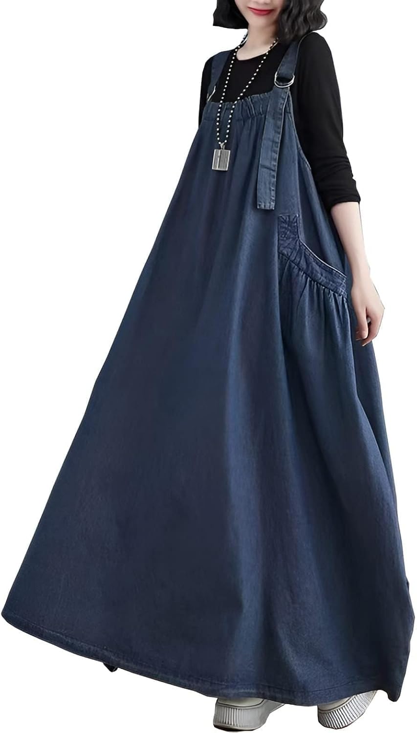 EXPOING Denim Jumper Dress for Women Loose Version Baggy Style Maxi Length Adjustable Straps Wide Hemline