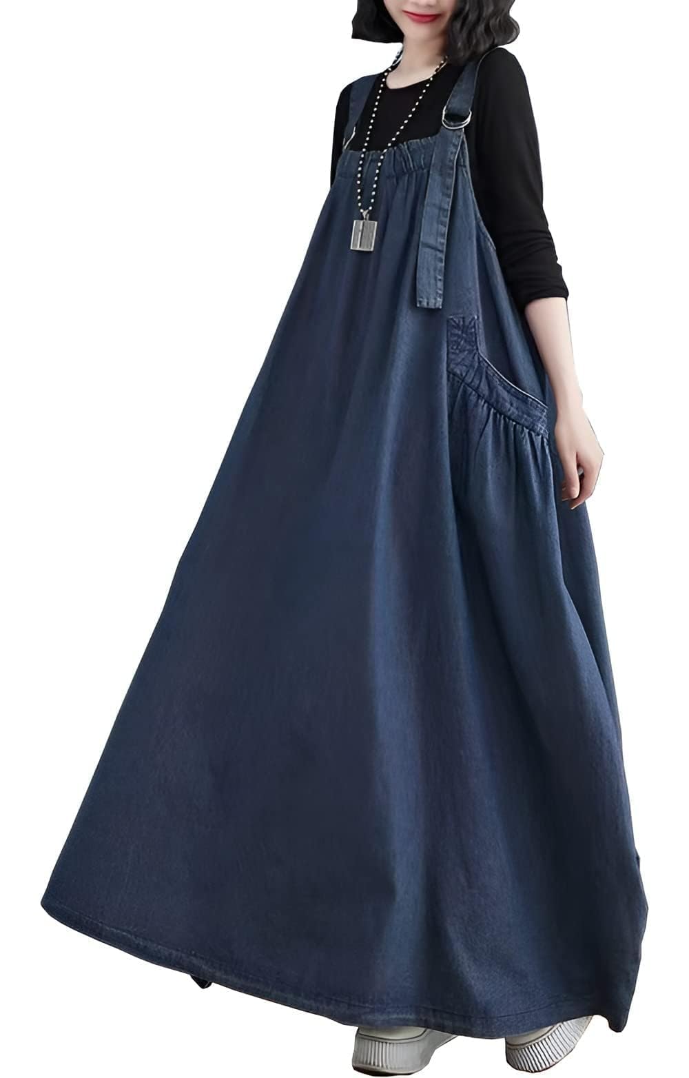 Vestido de mezclilla ancho para mujer, longitud máxima, tirantes ajustables, dobladillo ancho