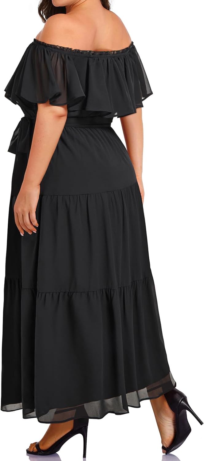 Plus Size Chiffon Off The Shoulder Maxi Long Floral Summer Casual Beach Boho Sundress Women 2024 - Image 2