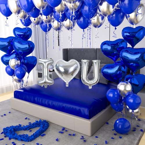 Ballons bleus et argentés I Love You avec cœur alu et 600 pétales de rose pour fête