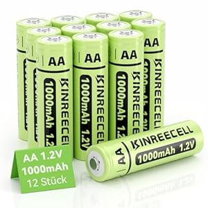 KINREECELL Wiederaufladbare AA-Batterien, NI-MH-Doppel-A-Solarbatterien mit Reale Kapazität, 1.2 V vorgeladen für Solarleuchten, Lichterketten, Solar-Wegeleuchten (AA-1000 mAh, 12 Stück)