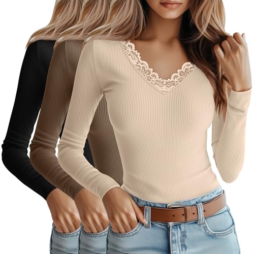 3 Pack Women's Cotton Long Sleeve Tops V Neck Ribbed Knit Lace Sexy Shirts Slim Fit Dressy Casual Tight Basic Tees