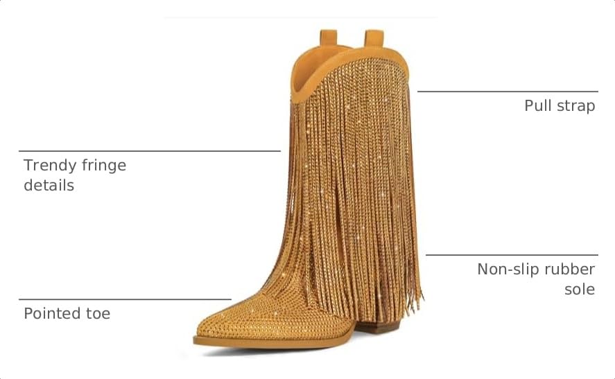 Image of Cowboy Boots for Women - Cowgirl Western Rhinestone Sparkly Fringe Chunky Heel Pointed Toe Mid Calf Boots