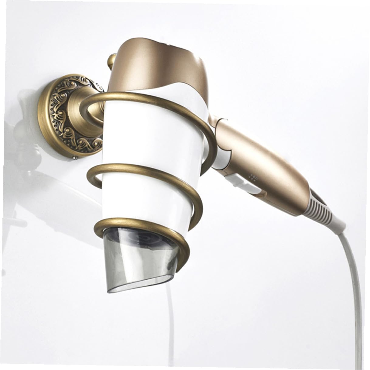 Soporte para Secador Pelo de Latón con Montaje Pared Organizador de Herramientas de Cabello Estante Espiral para Baño Compatible con Secadores y Rizadores