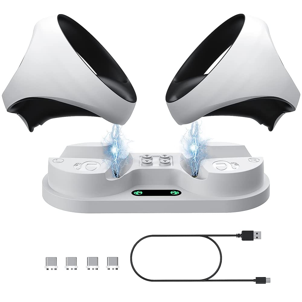 SYOSI Charging Station for Playstation VR2 Controller, Charging Dock Compatible with PS VR2 Controller LED Light Desk Charger Stand with Accessories 4 Type-C Magnetic Clasp and Type-C Cable (White)
