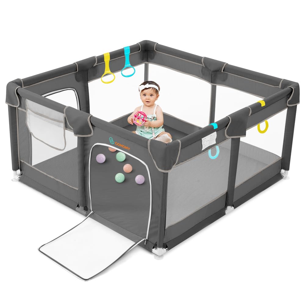 COMOMY Box per Bambini, 127 x 127 x 66 cm Recinto con 4 Pezzi Anelli, Morbida Rete Traspirante, Centro Attività, Grigio Scuro